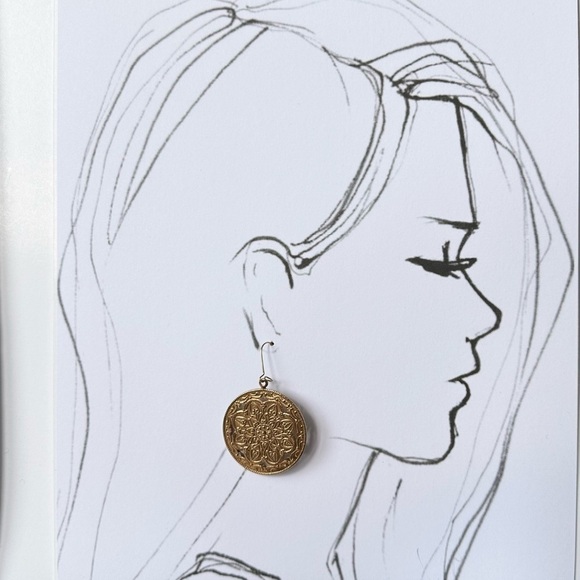 Golden Mandala Disc Earrings in Raw Brass - 35mm Diameter - Picture 2 of 4